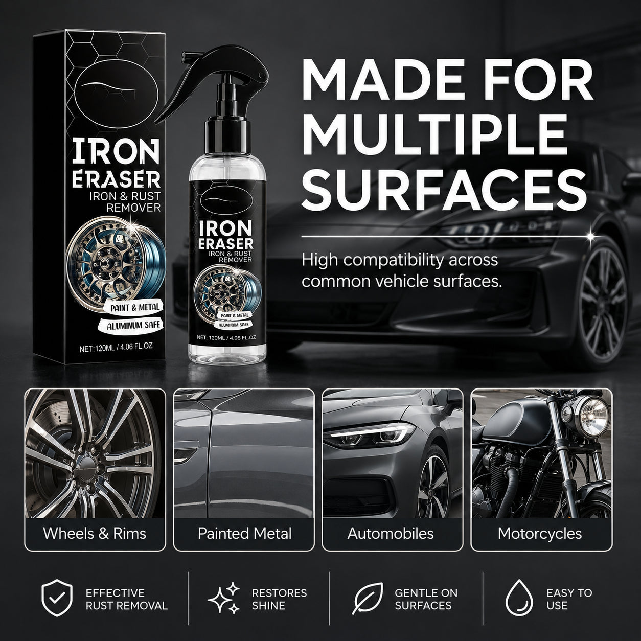 Fast-acting rust remover spray for wheels, rims and metal surfaces