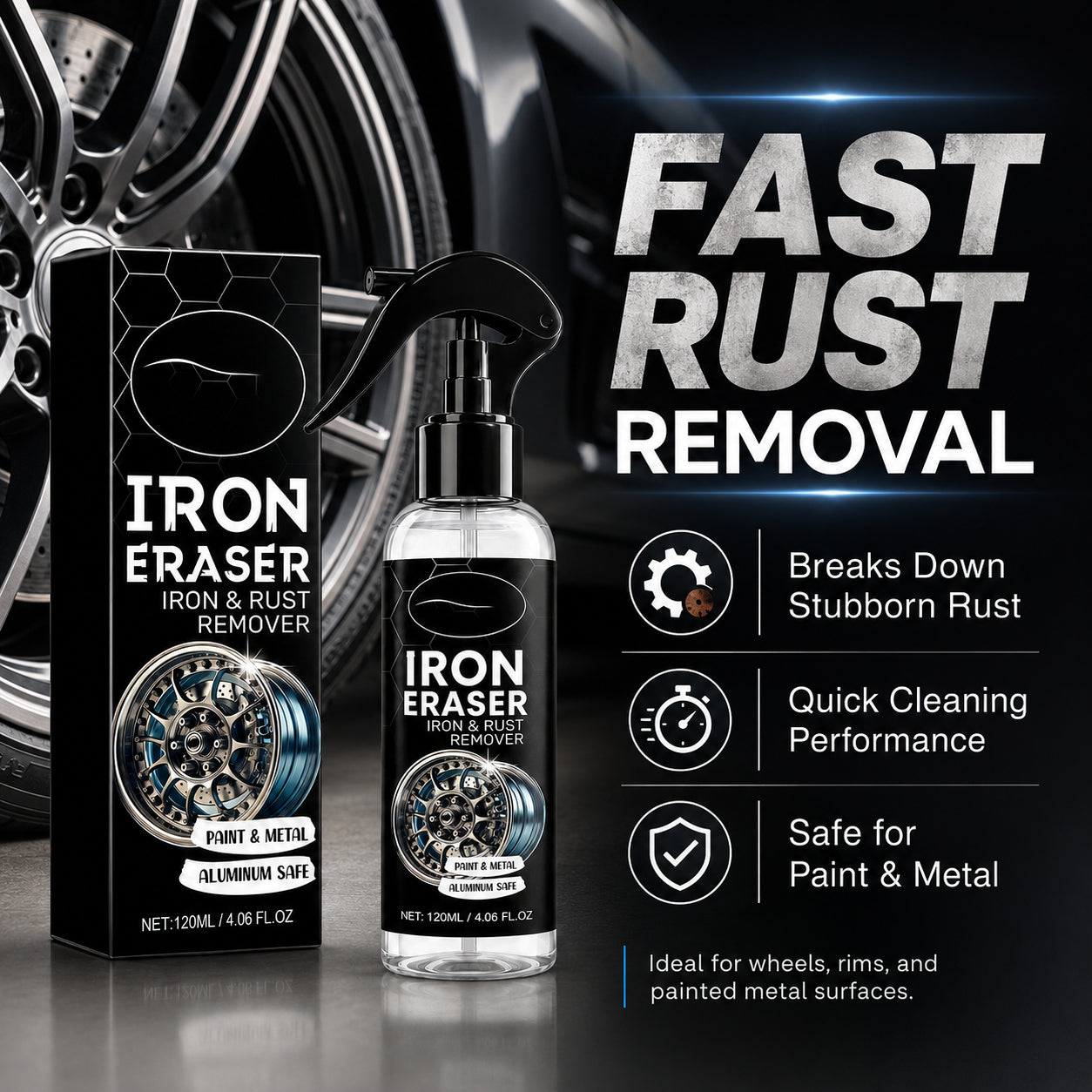 Fast-acting rust remover spray for wheels, rims and metal surfaces