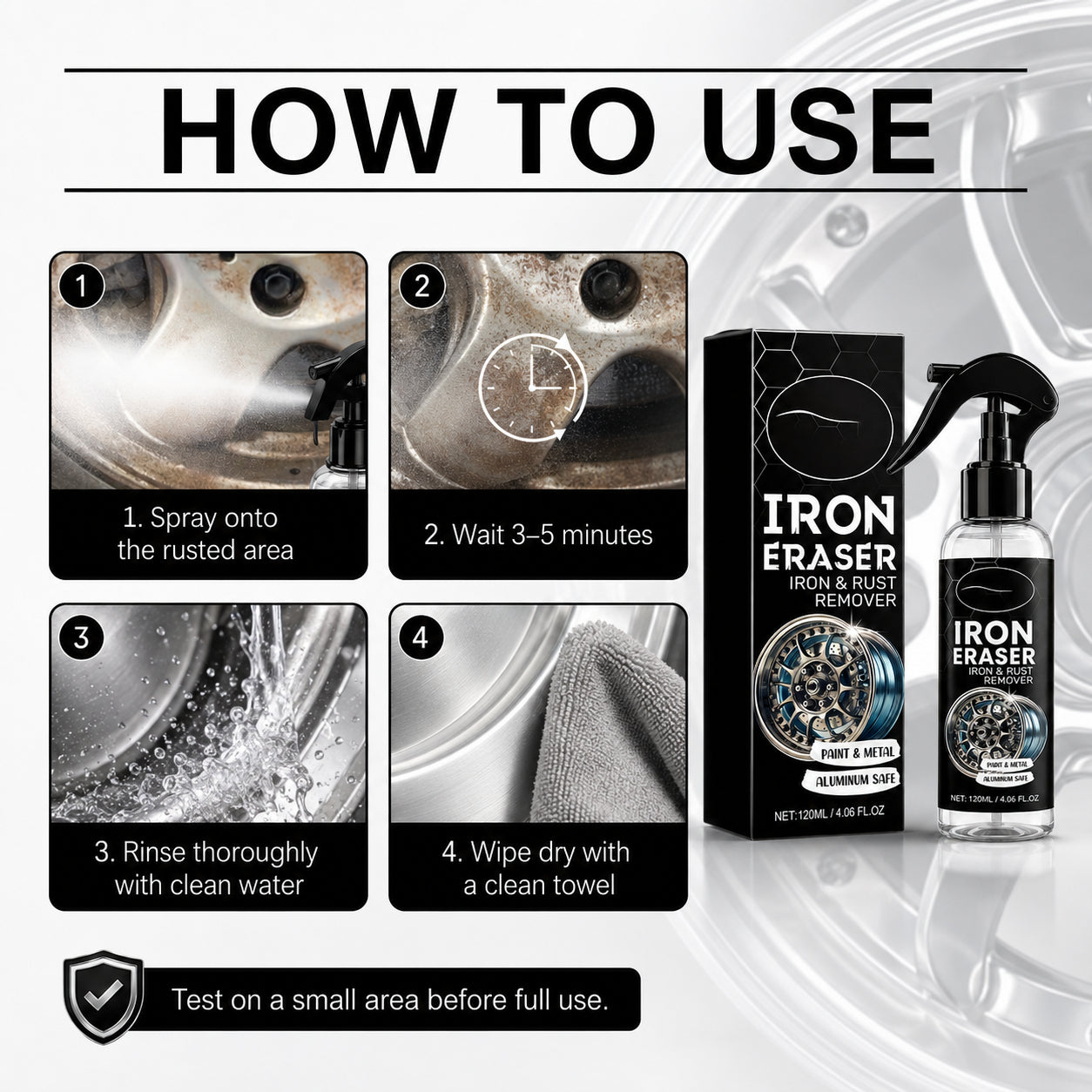 Fast-acting rust remover spray for wheels, rims and metal surfaces