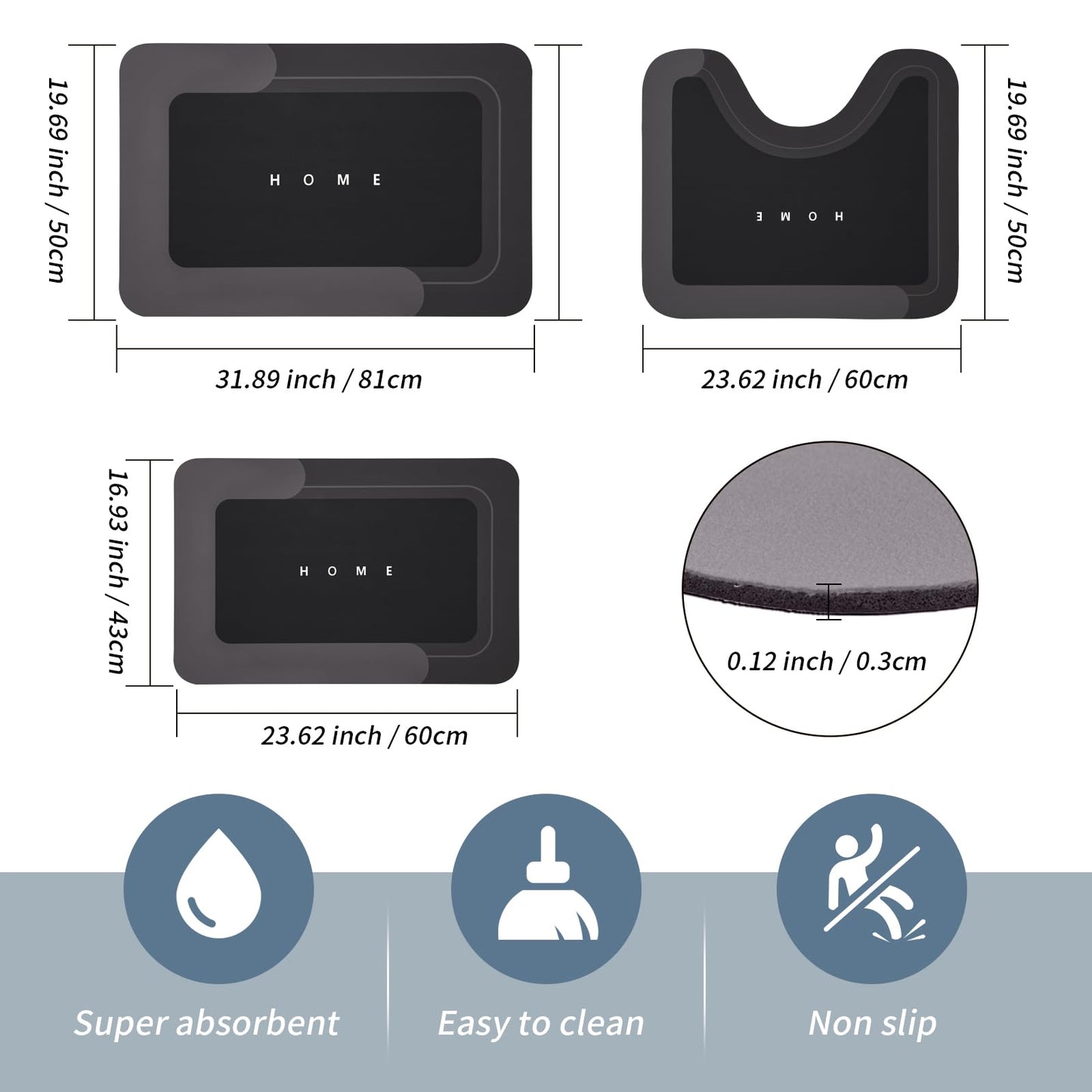 3-Piece Quick-Drying Absorbent Bathroom Mat Set with Non-Slip Rubber Backing