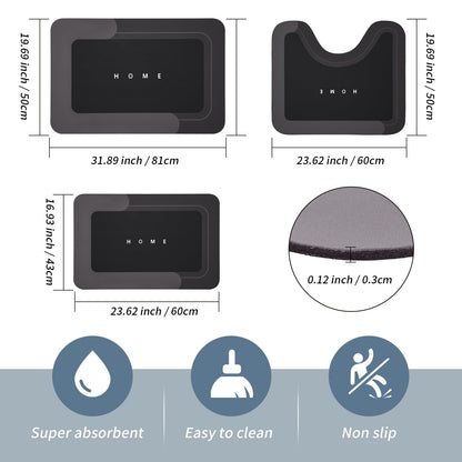 3-Piece Quick-Drying Absorbent Bathroom Mat Set with Non-Slip Rubber Backing