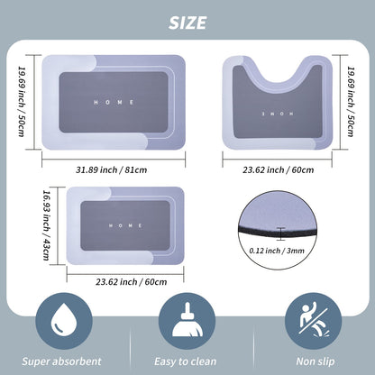 3-Piece Quick-Drying Absorbent Bathroom Mat Set with Non-Slip Rubber Backing