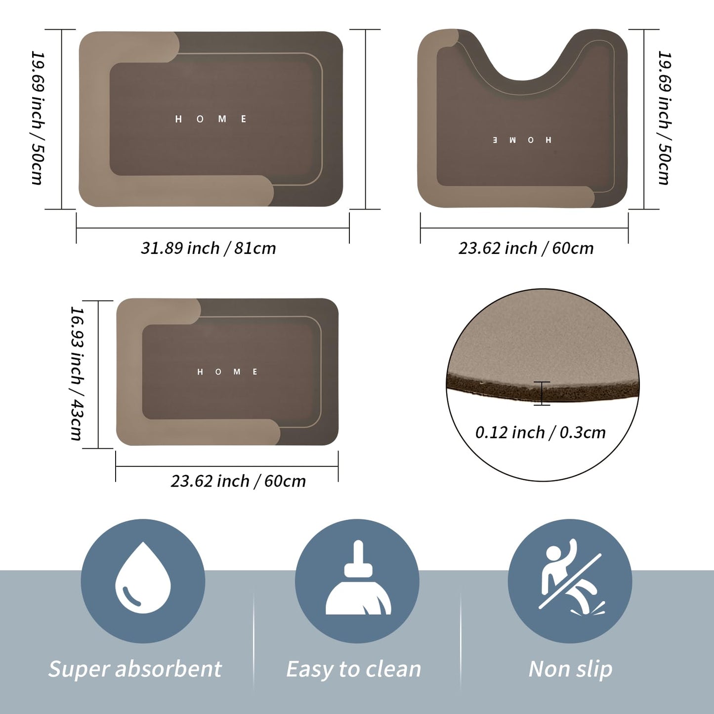 3-Piece Quick-Drying Absorbent Bathroom Mat Set with Non-Slip Rubber Backing