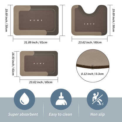 3-Piece Quick-Drying Absorbent Bathroom Mat Set with Non-Slip Rubber Backing