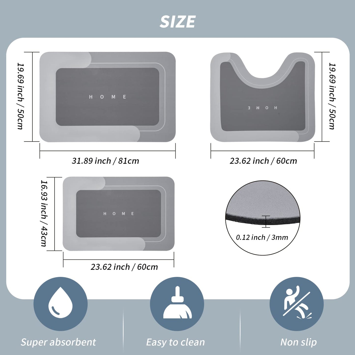 3-Piece Quick-Drying Absorbent Bathroom Mat Set with Non-Slip Rubber Backing