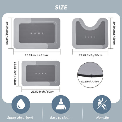 3-Piece Quick-Drying Absorbent Bathroom Mat Set with Non-Slip Rubber Backing