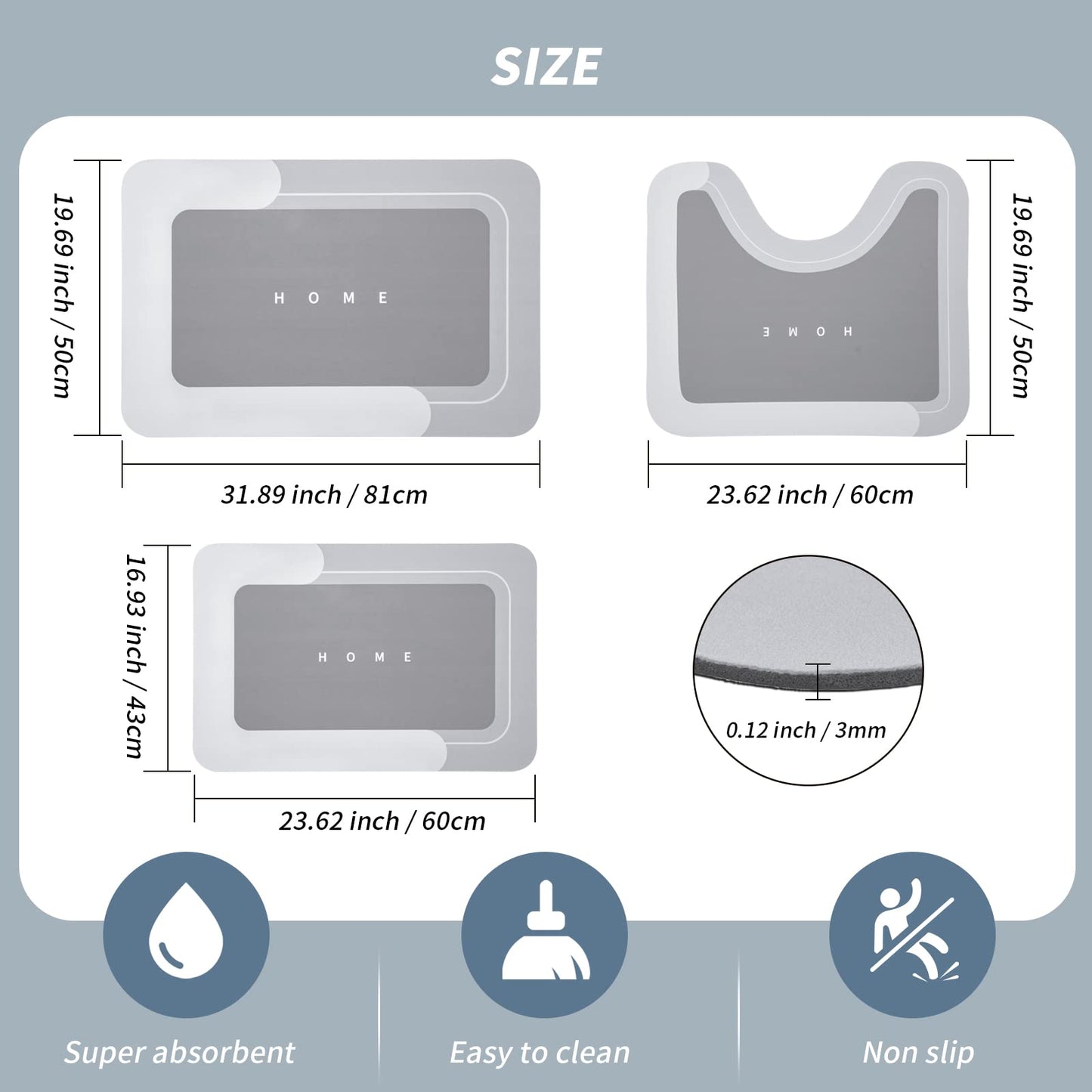 3-Piece Quick-Drying Absorbent Bathroom Mat Set with Non-Slip Rubber Backing