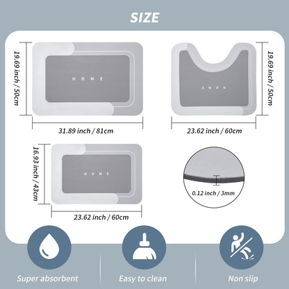 3-Piece Quick-Drying Absorbent Bathroom Mat Set with Non-Slip Rubber Backing
